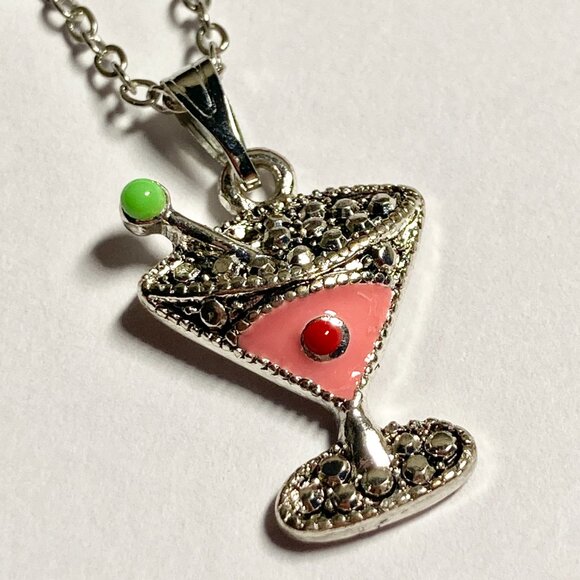 Martini Cocktail Drink Cup Glass Charm Necklace Pendant Pink Enamel 18" Chain - Picture 3 of 9